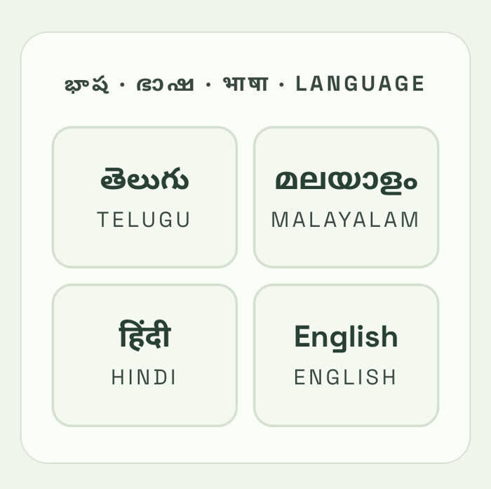 Hey Saathi language screen: a cream card with four large rounded buttons for Telugu, Malayalam, Hindi and English, each in its own script, step one of three