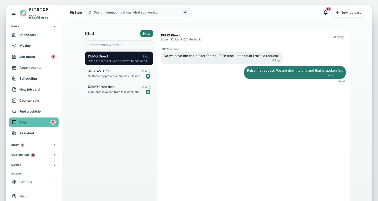 PitStop shop chat: a conversation list with unread counts beside an open thread asking whether a cabin filter is in stock, answered with an instruction to raise a request, with a read receipt