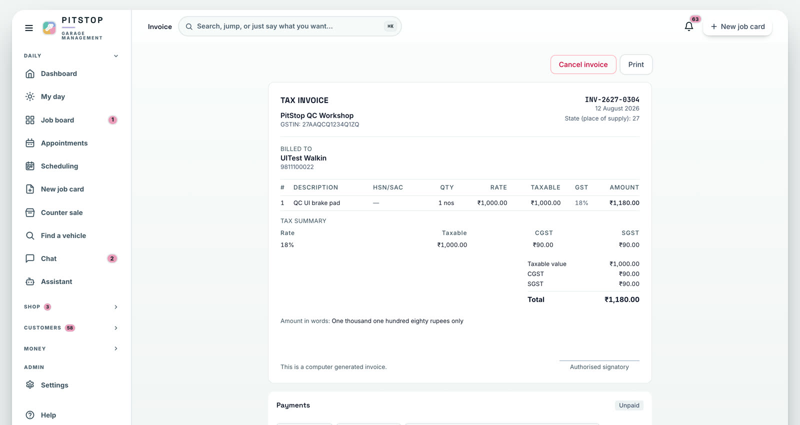A PitStop GST tax invoice: gapless serial, GSTIN, place of supply, an HSN and SAC column, a rate-wise tax summary splitting CGST and SGST, the amount in words, and a payment row set to UPI